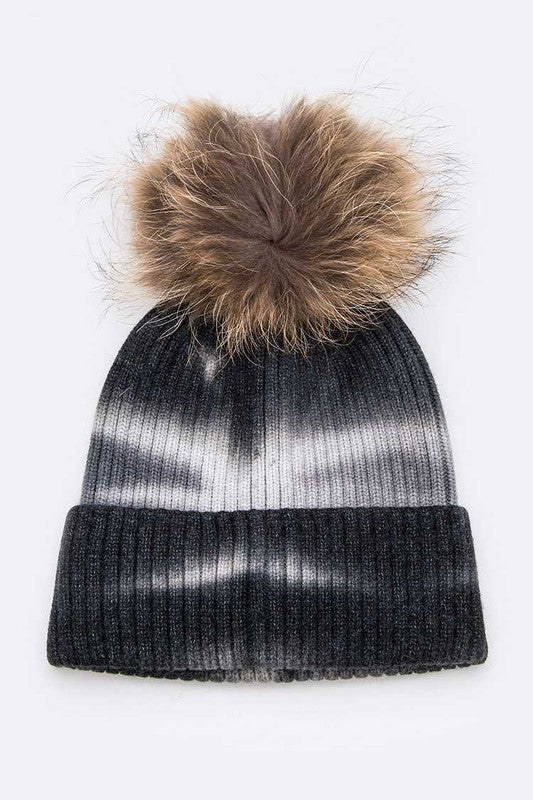 Tie Dyed Natural Raccoon Fur Pom Beanie