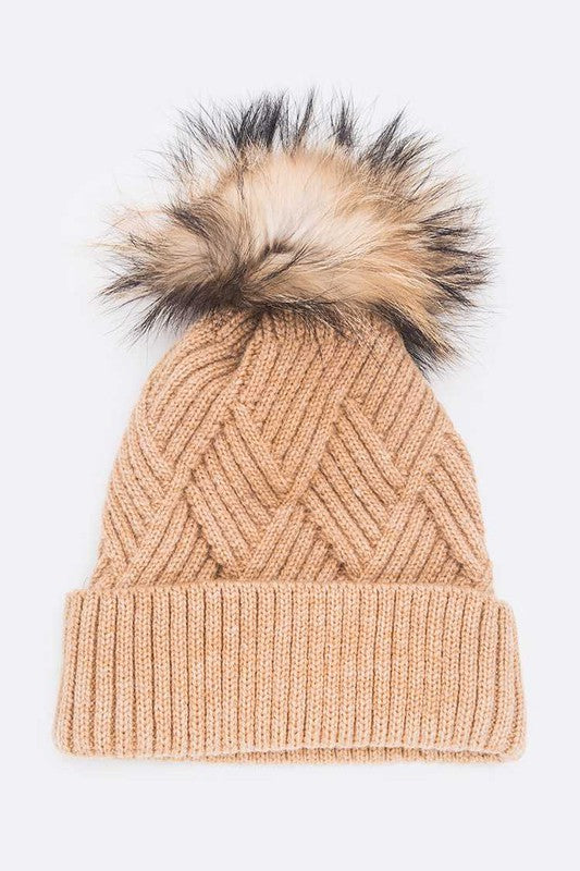 Raised Knit Large Fur Pom Beanie