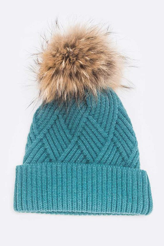 Raised Knit Large Fur Pom Beanie