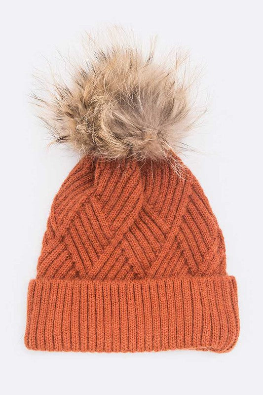 Raised Knit Large Fur Pom Beanie