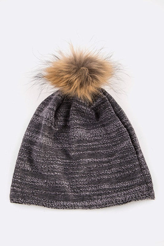 Faux Fur Pom Cotton Blend Slouchy Beanie