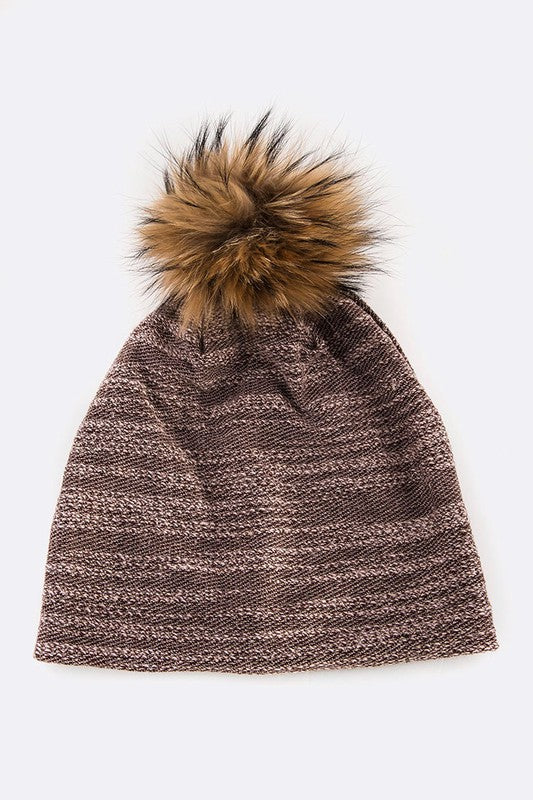 Faux Fur Pom Cotton Blend Slouchy Beanie