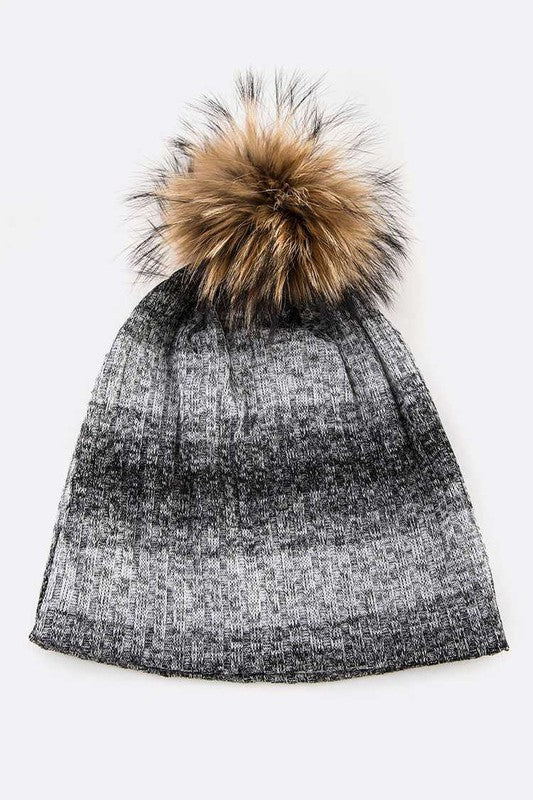 Faux Fur Stripe Cotton Blend Slouchy Beanie