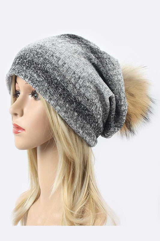 Faux Fur Stripe Cotton Blend Slouchy Beanie