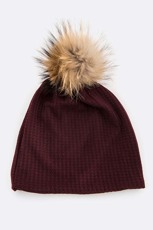 Faux Fur Pom Cotton Slouchy Beanie