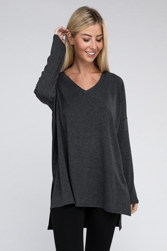 Dolman Long Sleeve V-Neck Side Slit Hi-Low Hem Top