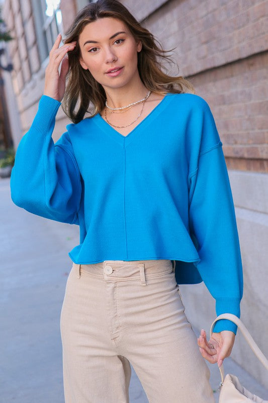 Solid Drop Shoulder V-Neck Top