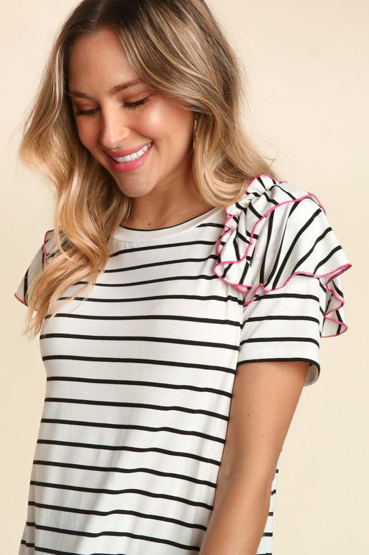 STRIPE DOUBLE RUFFLE FRILL SHORT SLEEVE TOP