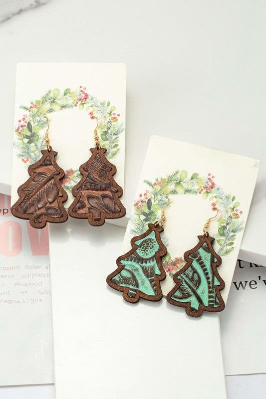 wood Christmas tree earrings with leather inlay