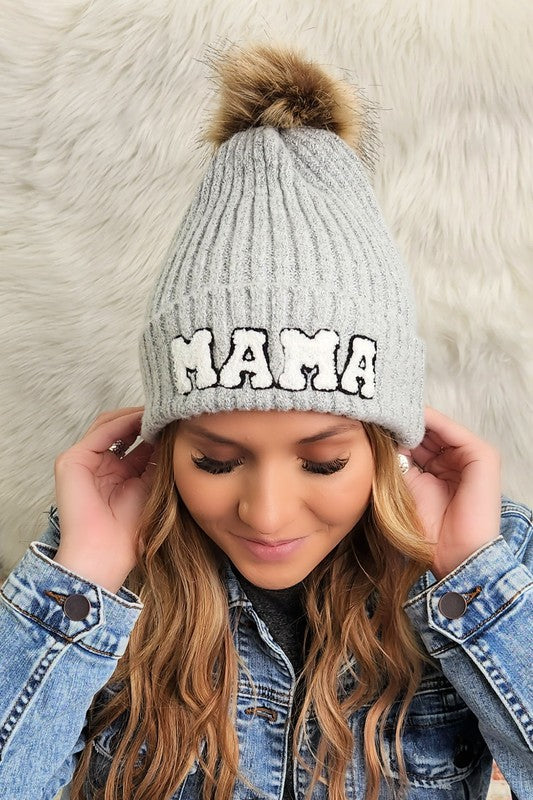 Chenille Mama Patch Faux Fur Pom Beanie Cap