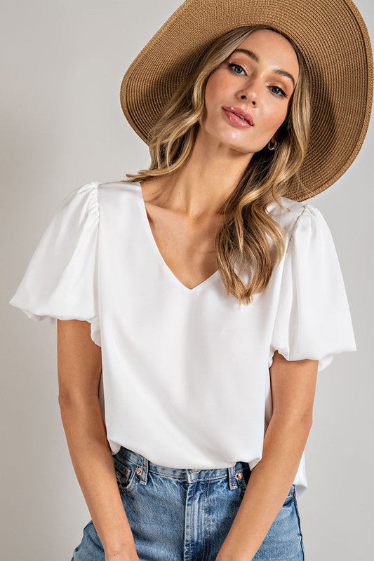 V-Neck Puff Sleeve Blouse Top