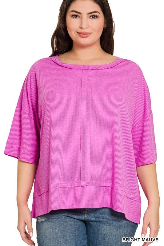 Plus Rib Boat Neck Dolman Sleeve Top W Front Seam