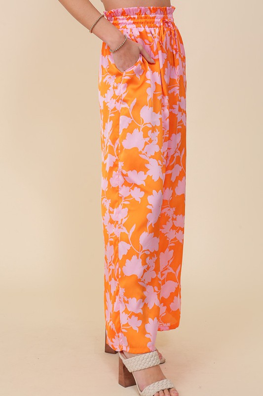 Tropical Print Wide Pants With Self Tie Drawstring