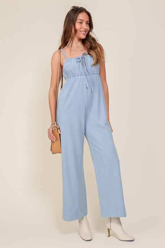 Denim Blue Sleeveless Jumpsuit With Self Jump Tie