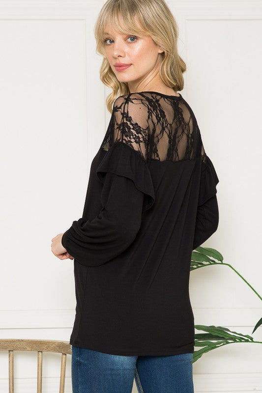 Lace Yoke Ruffle Sleeves