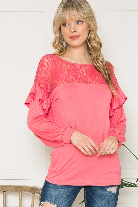 Lace Yoke Ruffle Sleeves