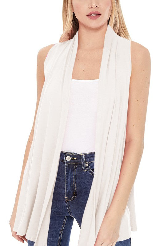 Solid, long body open front vest in a loose fit