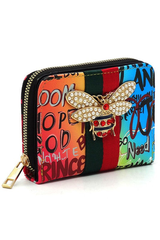 Multi Graffiti Print Queen Bee Stripe Wallet