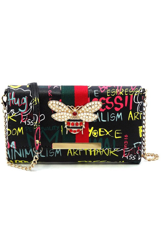 Queen Bee Stripe Graffiti Crossbody Clutch Wallet