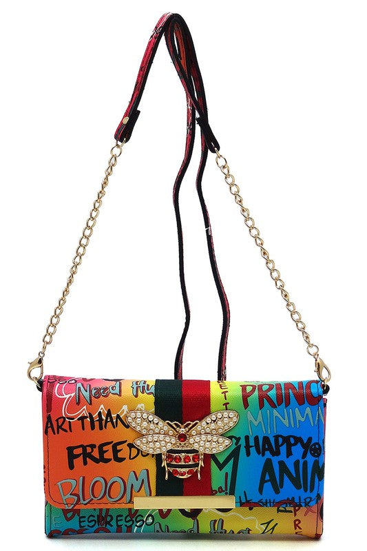 Queen Bee Stripe Graffiti Crossbody Clutch Wallet