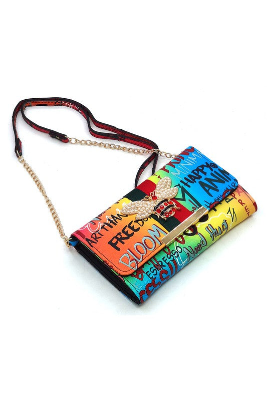 Queen Bee Stripe Graffiti Crossbody Clutch Wallet