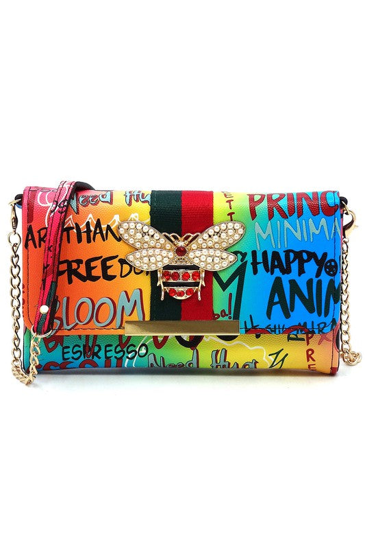 Queen Bee Stripe Graffiti Crossbody Clutch Wallet