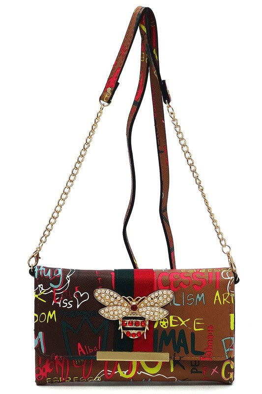 Queen Bee Stripe Graffiti Crossbody Clutch Wallet