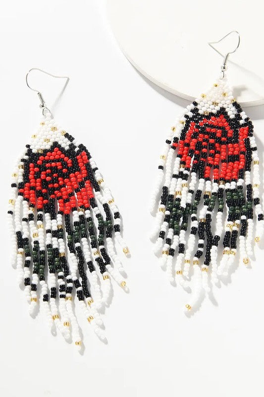 Boho long Handwoven seed bead flower earrings