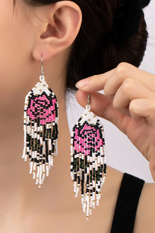 Boho long Handwoven seed bead flower earrings