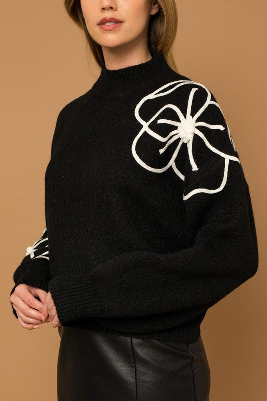 Flower Embroidery Mock Neck Sweater