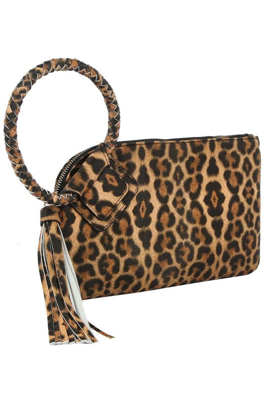 Leopard Cuff Handle Tassel Wristlet Clutch