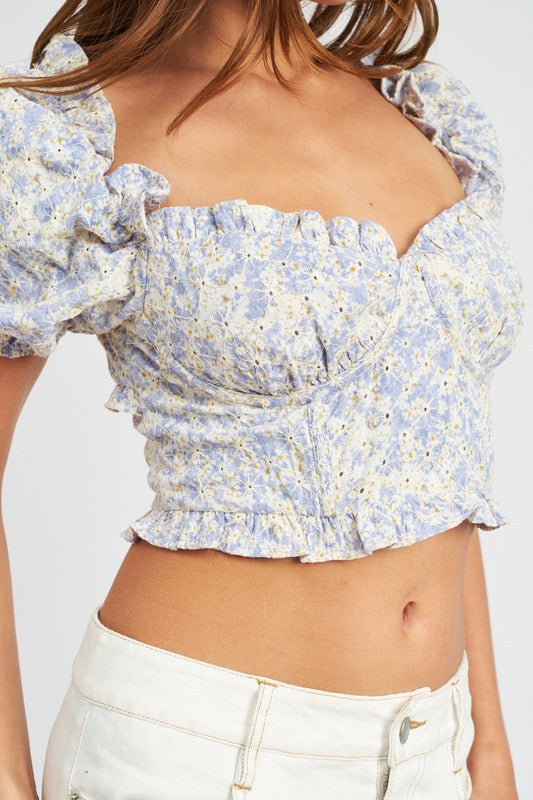 PRINTED PUFF SLEEVE CROP TOP