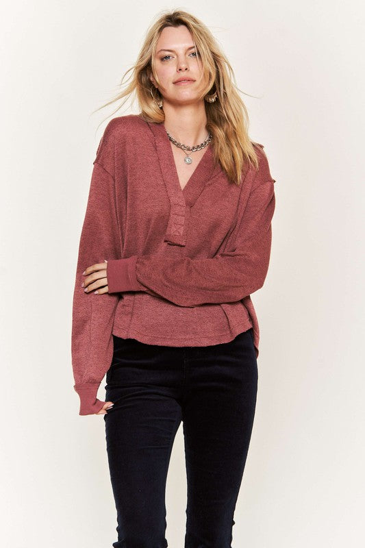 Deep V-neck Collared Longsleeve Knit Top