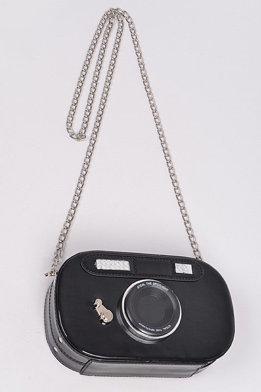 Metallic Oval Camera Iconic Swing Clutch Bag