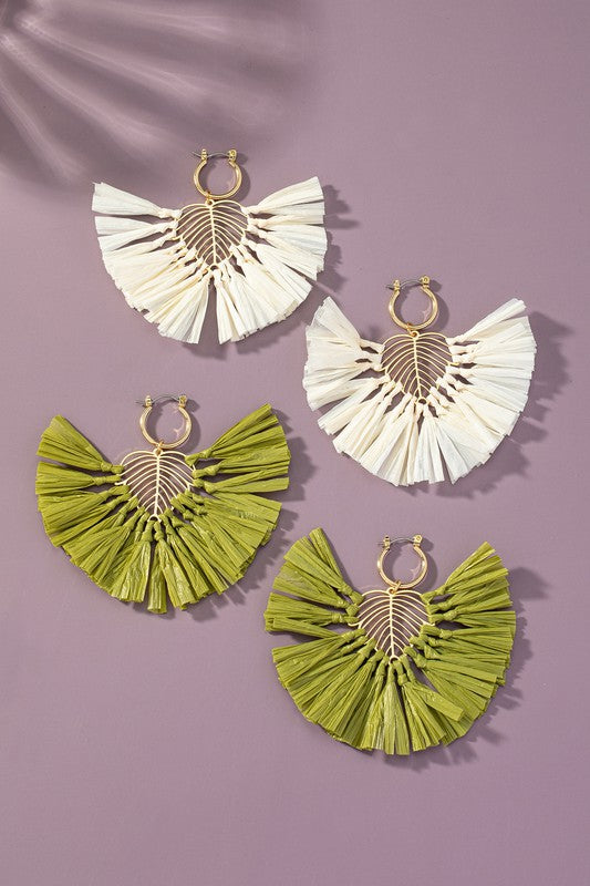 Statement earrings with raffia straw leaf drop