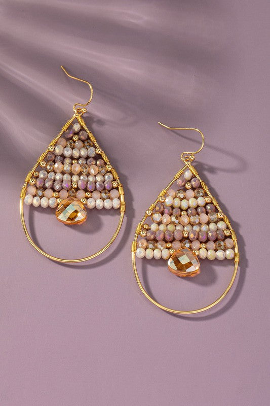 Faceted glass beaded teardrop hoop earrings