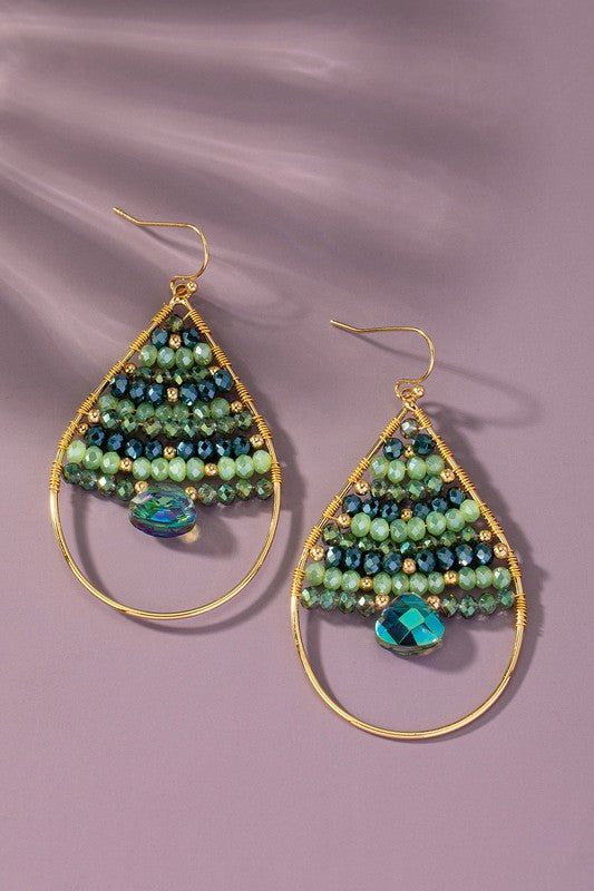 Faceted glass beaded teardrop hoop earrings