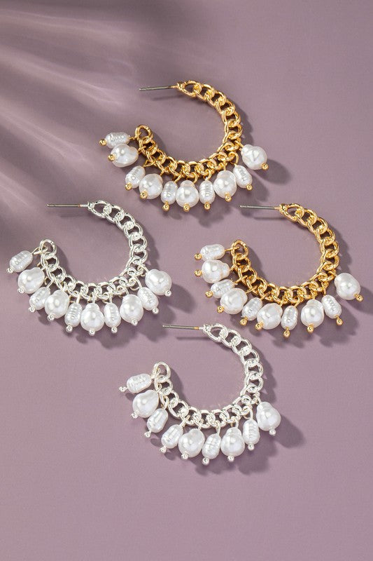 Curb chain hoop earrings with pearl drops