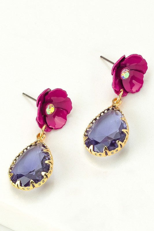 Fuchsia  flower stud earrings with gem stone drop