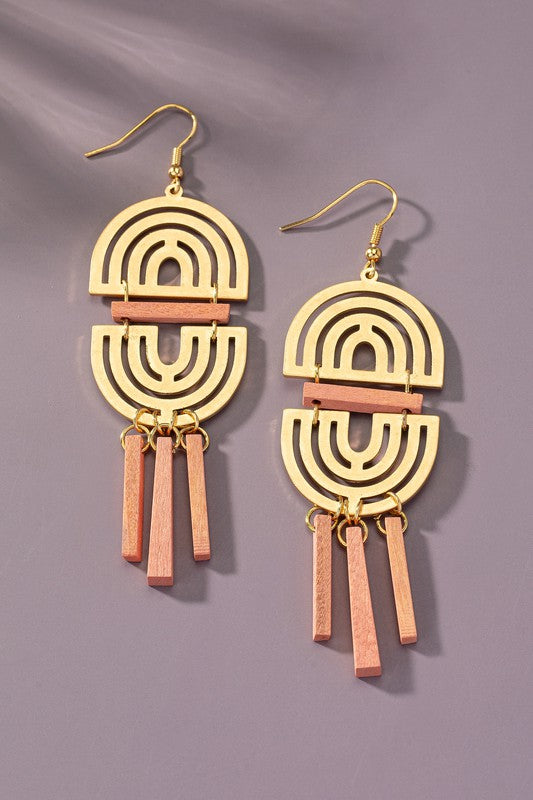 Double arch metal earrings with wood sticks