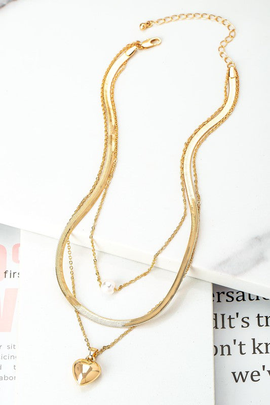 3 row herringbone chain pearl and puffy heart