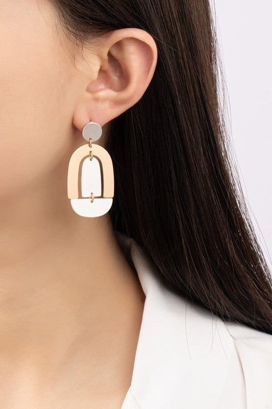 Satin surface two tone geo shape drop earrings