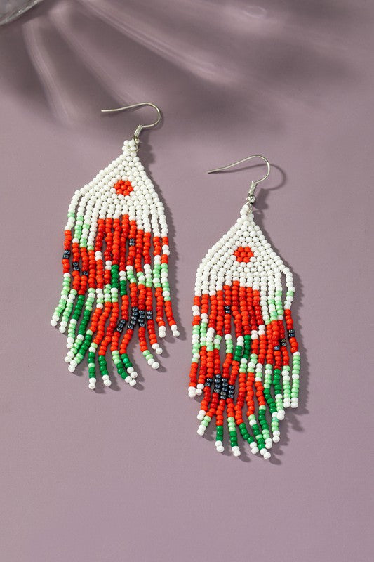 Boho long Handwoven seed bead flower earrings