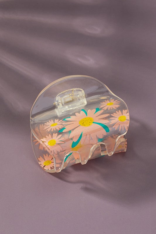 Clear lucite hair claw clip with flower prints