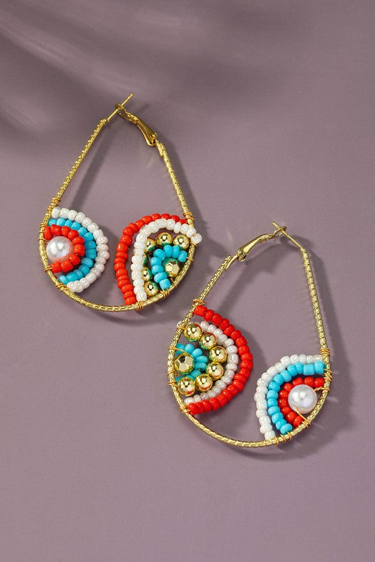 multi color seed bead teardrop hoop earrings