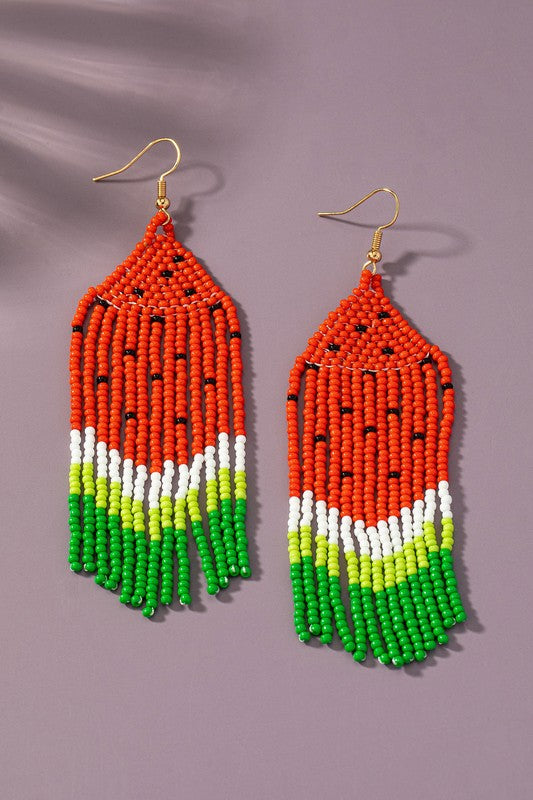 Seed bead water melon drop earrings