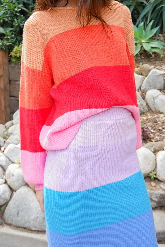 Bold Rainbow Stripe Oversized Chunky Knit Pullover