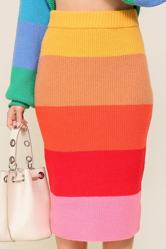 High-Waisted Midi Sweater Multicolor Skirt