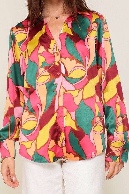 Retro Print Satin Blouse