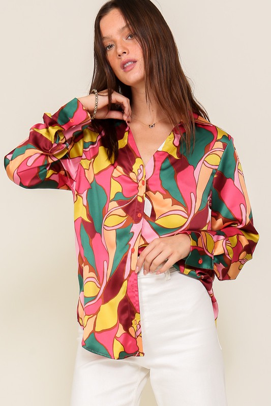 Retro Print Satin Blouse